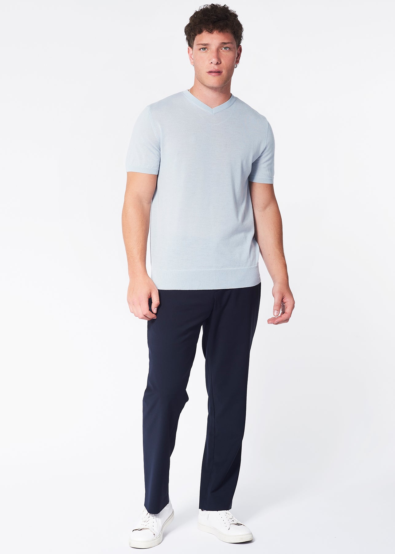 100% Cashmere High-V T-Shirt - Ice Blue